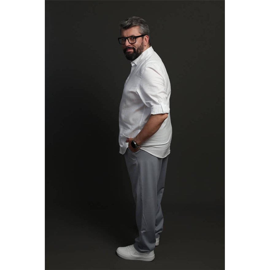 Spodnie męskie CASUAL szare z prostą nogawką i regulacją w pasie