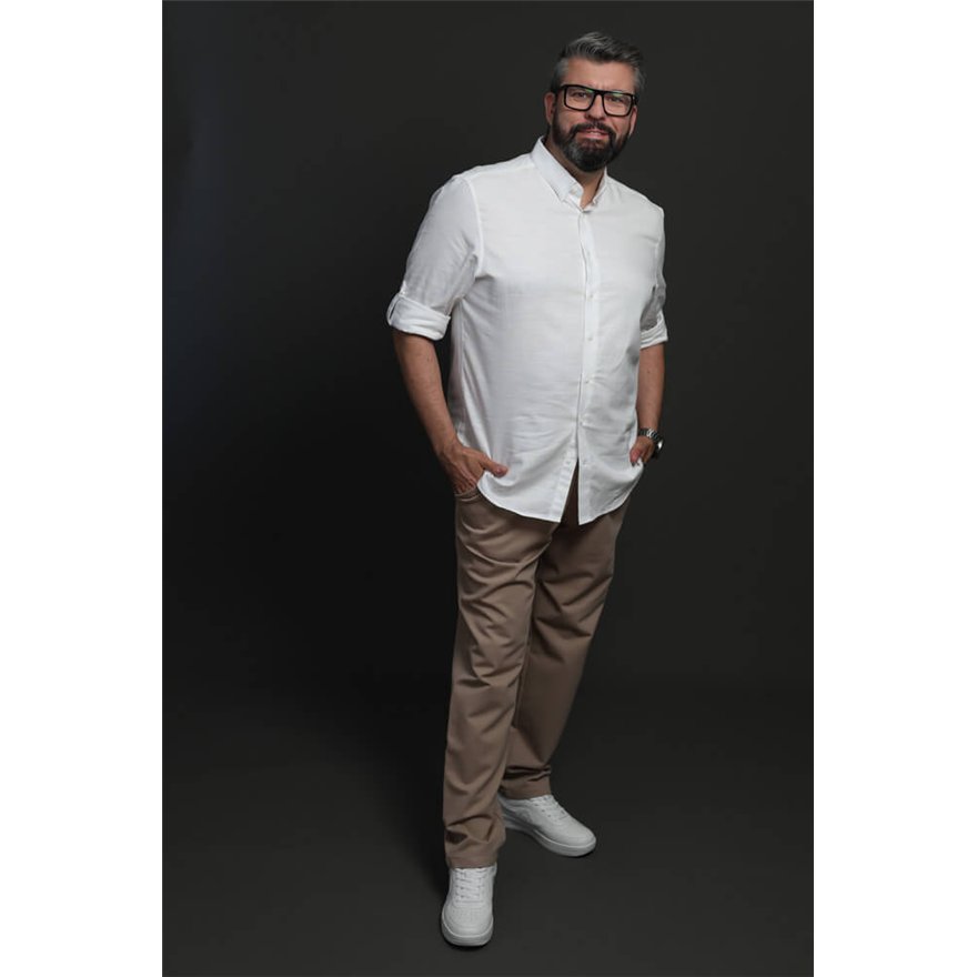 Spodnie męskie CASUAL beżowe z prostą nogawką i regulacją w pasie