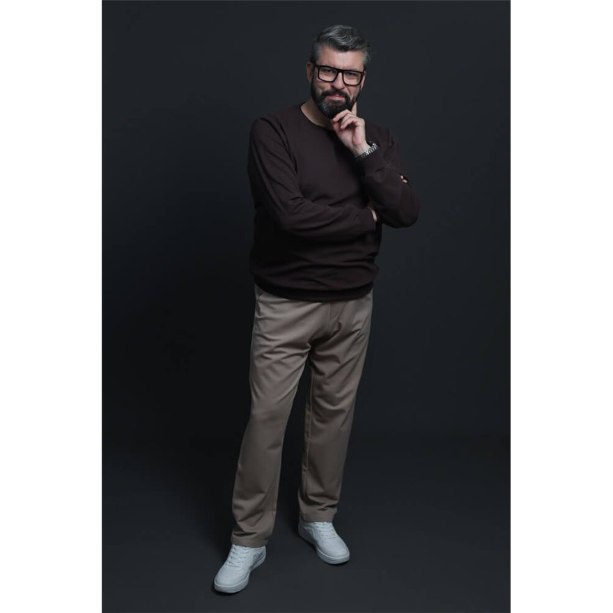 Spodnie męskie CASUAL beżowe z prostą nogawką i regulacją w pasie