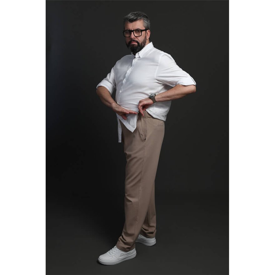 Spodnie męskie CASUAL beżowe z prostą nogawką i regulacją w pasie