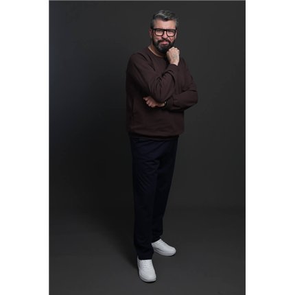 Spodnie męskie CASUAL granatowe z prostą nogawką i regulacją w pasie